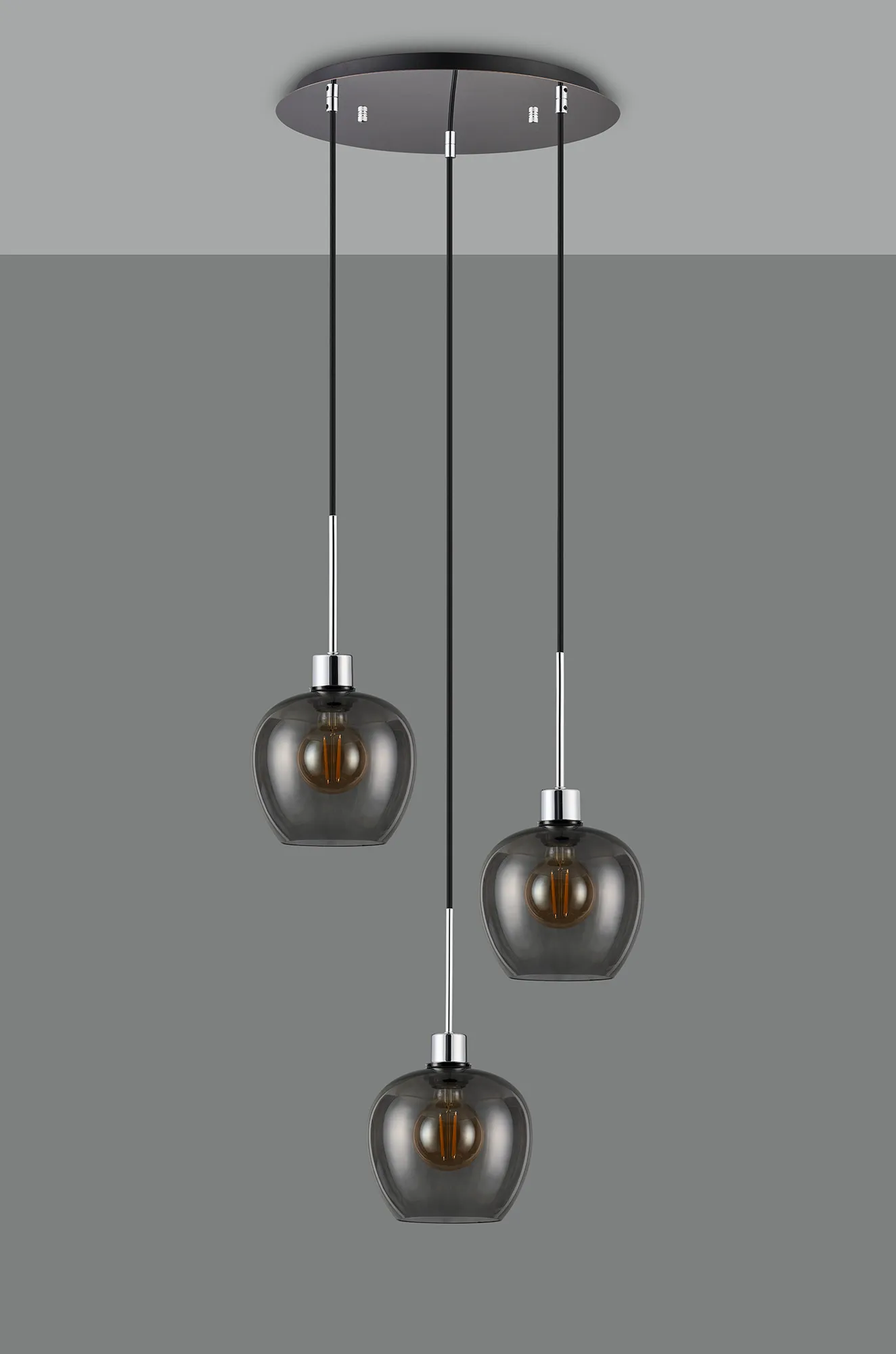Lori 40cm Round Pendant, 3 Light Adjustable E27, Polished Chrome/Smoke Wine Shades DK1278  Deco Lori Polished Chrome